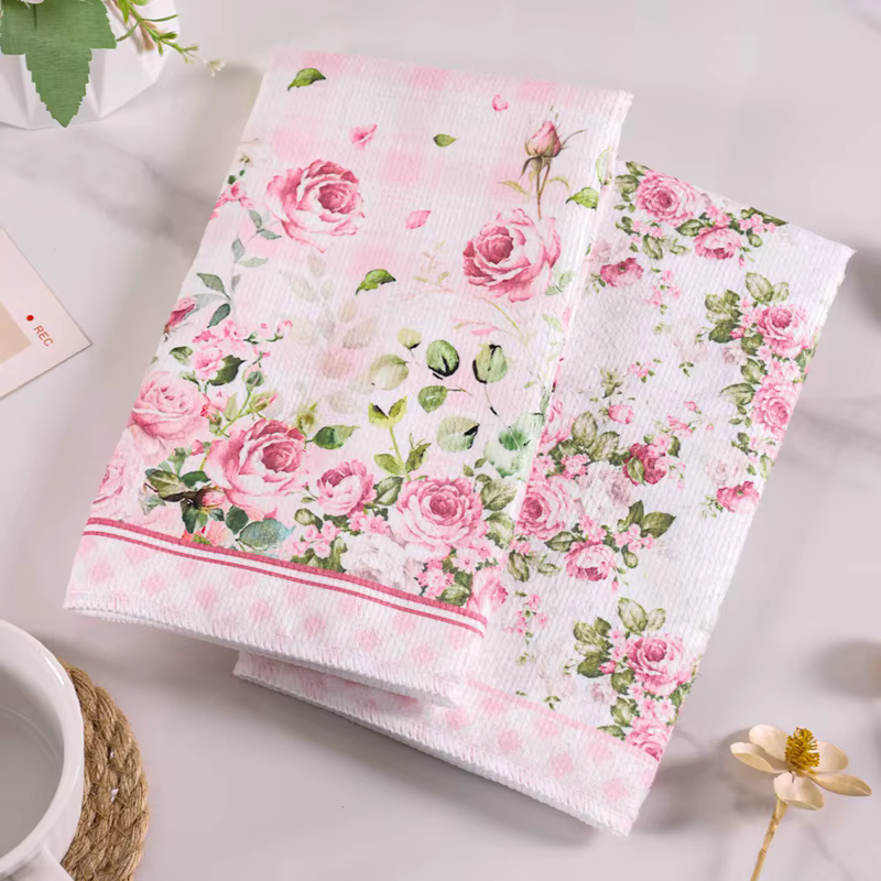 Lot de 2 torchons de cuisine roses à motifs floraux printaniers