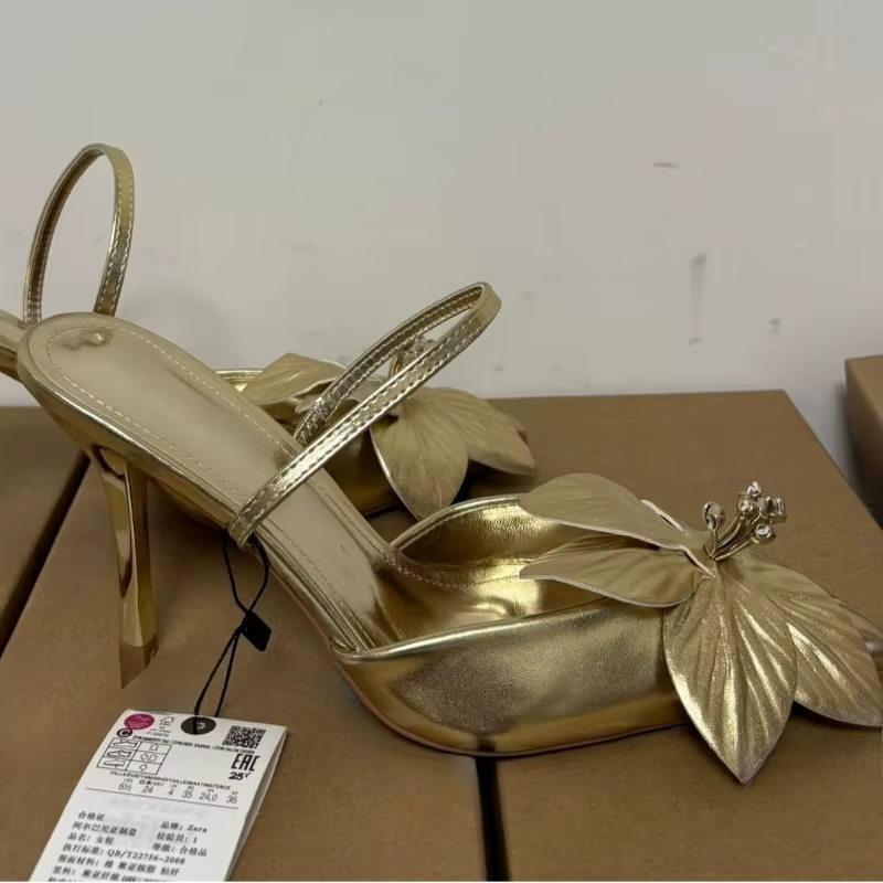 Fleur dorée fête de mariage dames talons hauts chaussures Sexy bout pointu Banquet Stiletto conception Unique marque femmes sandales modernes