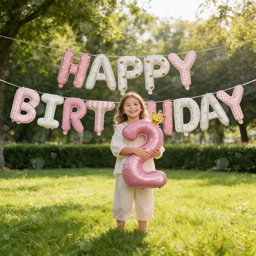 Ensemble de ballons lettres Joyeux Anniversaire roses, ballons imprimés roses, couronne de ballons, ballons numériques 0-9 pour la décoration de fête d'anniversaire