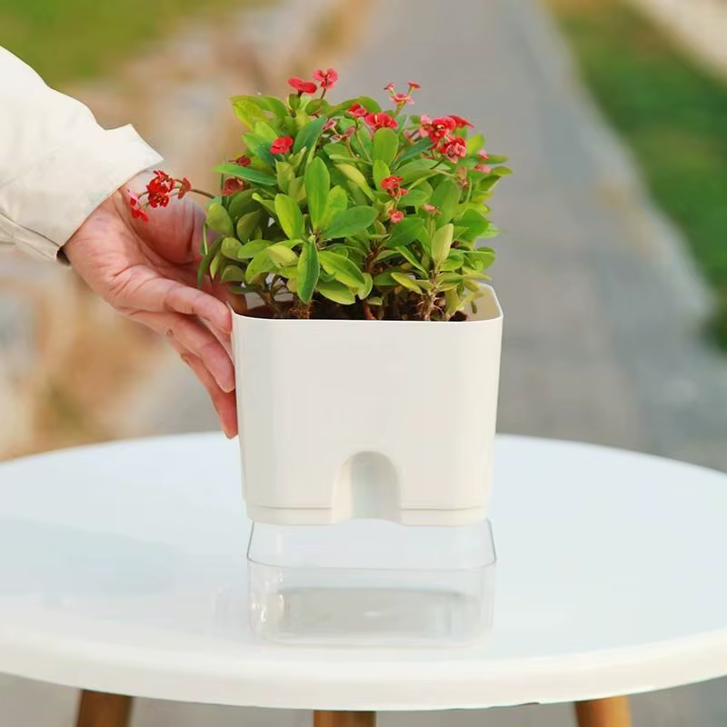 ▪ Pot de fleurs auto-arrosant blanc carré à double couche pour plantes d'intérieur et d'extérieur, balcon, jardin, décoration
