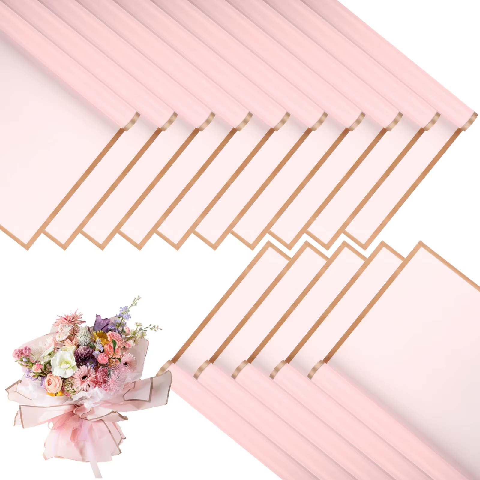 20 feuilles de papier d'emballage de fleurs roses avec bords dorés
