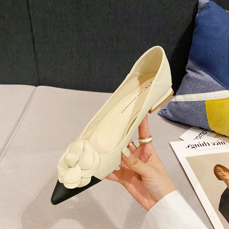 FHC-Chaussures de Travail en Cuir Souple à Talons Bas et Fleurs pour Femme, à Enfiler, peu Profondes, à Bout Jolie tu, Taille 35-40,Beige, Incent, Livraison Directe, Nouvelle Collection