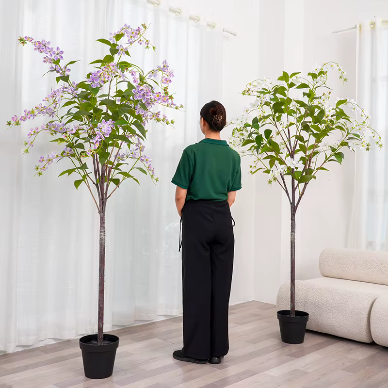 Banian-Fleur Artificielle Violette et Blanche avec Pot