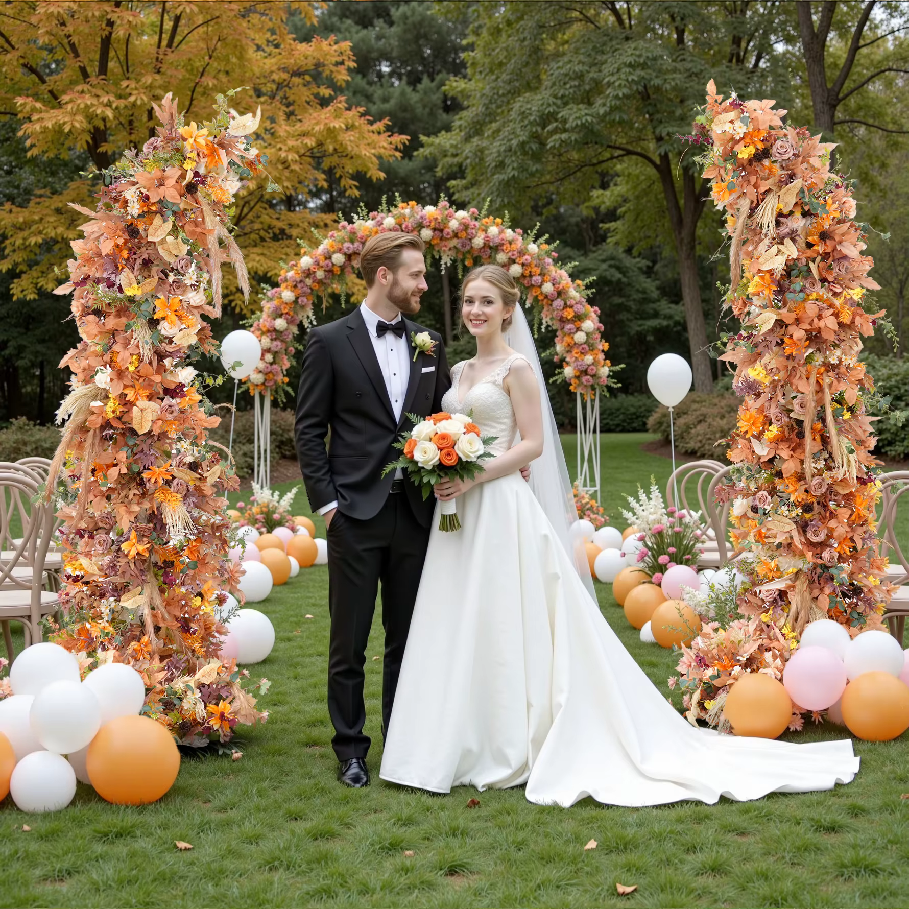A8988 automne Orange Pampas herbe tissu Base Arrangement floral mariage toile de fond corne arc décor événement allée