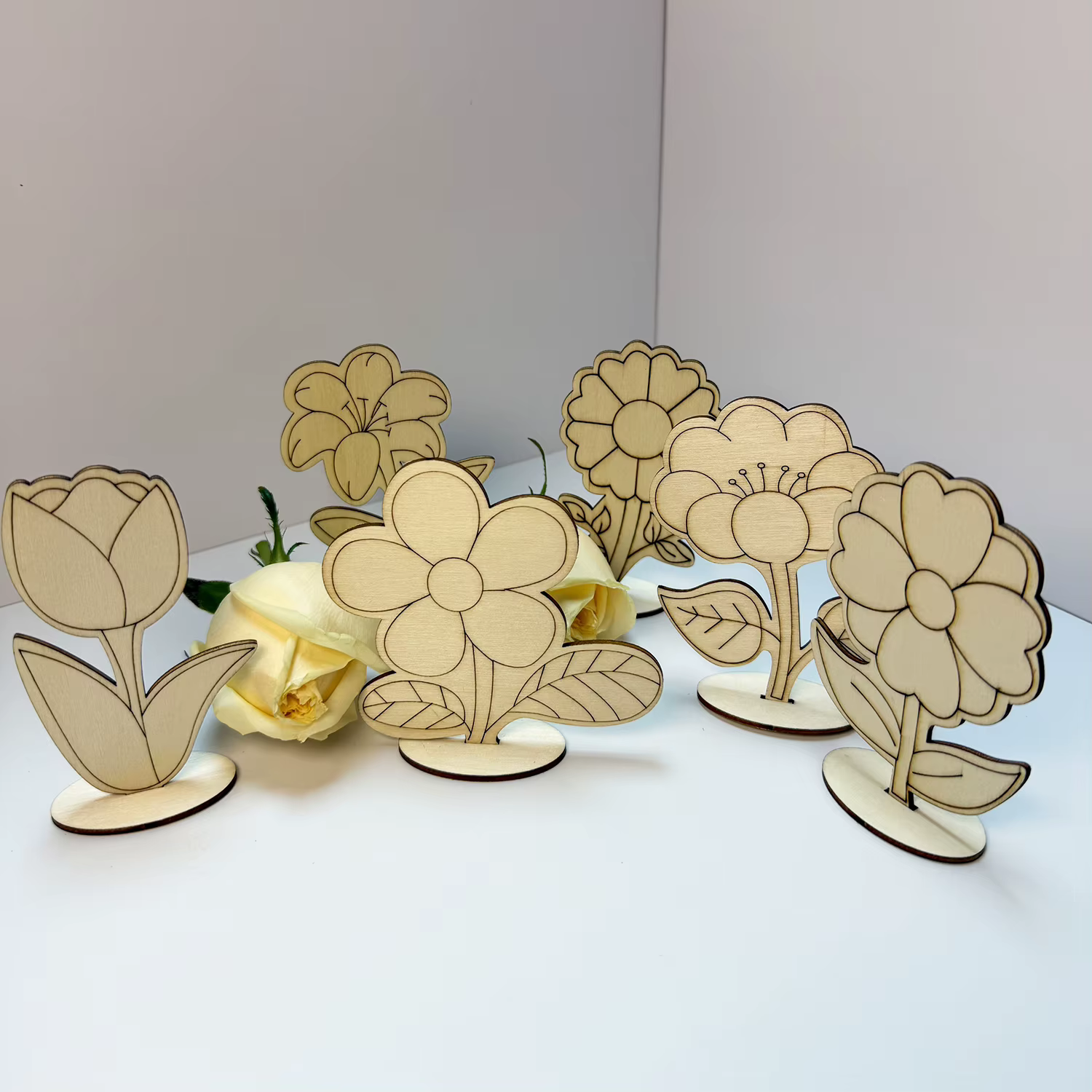 Lot de 6 pièces/1 ensemble de fleurs en bois à peindre soi-même