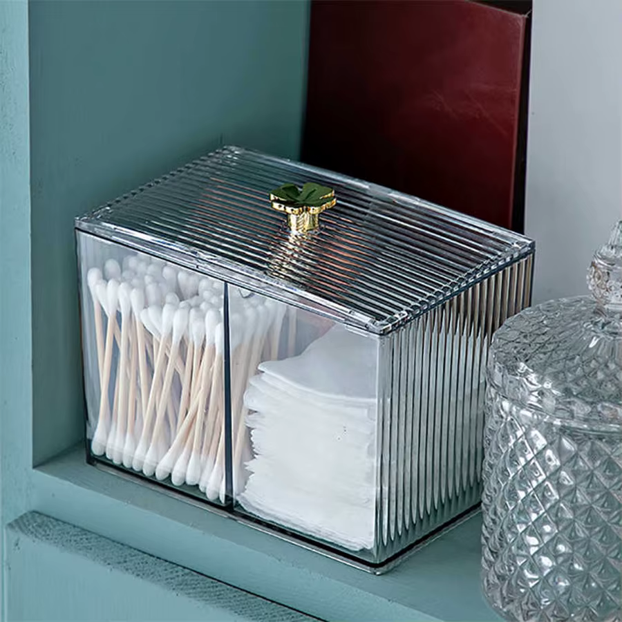 Pot d'apothicaire transparent à 3 sections avec couvercle – Porte-écouvillons en boule de coton Qtips pour l'organisation de la vanité de la salle de bain, distributeur à 3 grilles