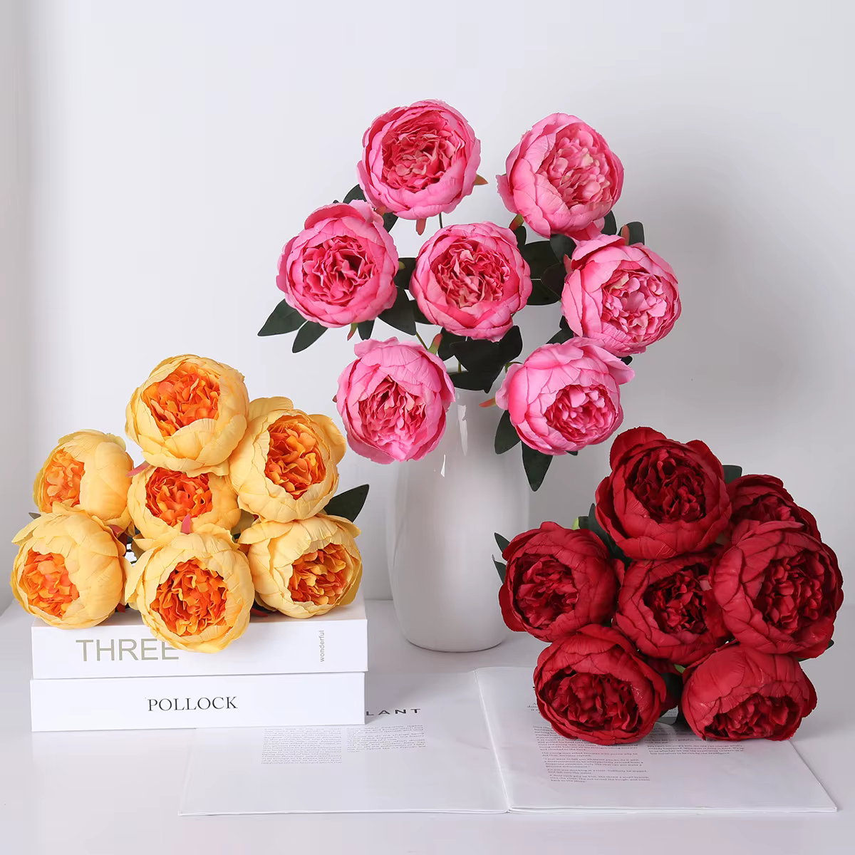 Bouquet de 7 grandes pivoines artificielles en soie pour mariage en extérieur