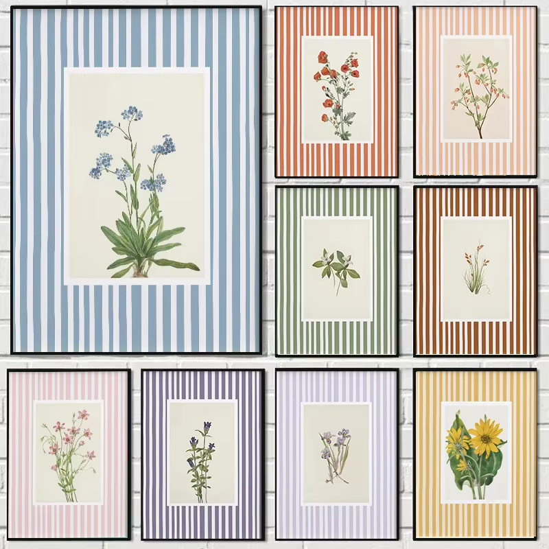 Toile imprimée à rayures avec plante de muguet bleu
