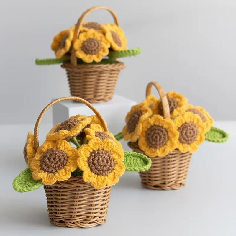 Crochet fleur mignon fini tissé tournesols en pot tricoté à la main