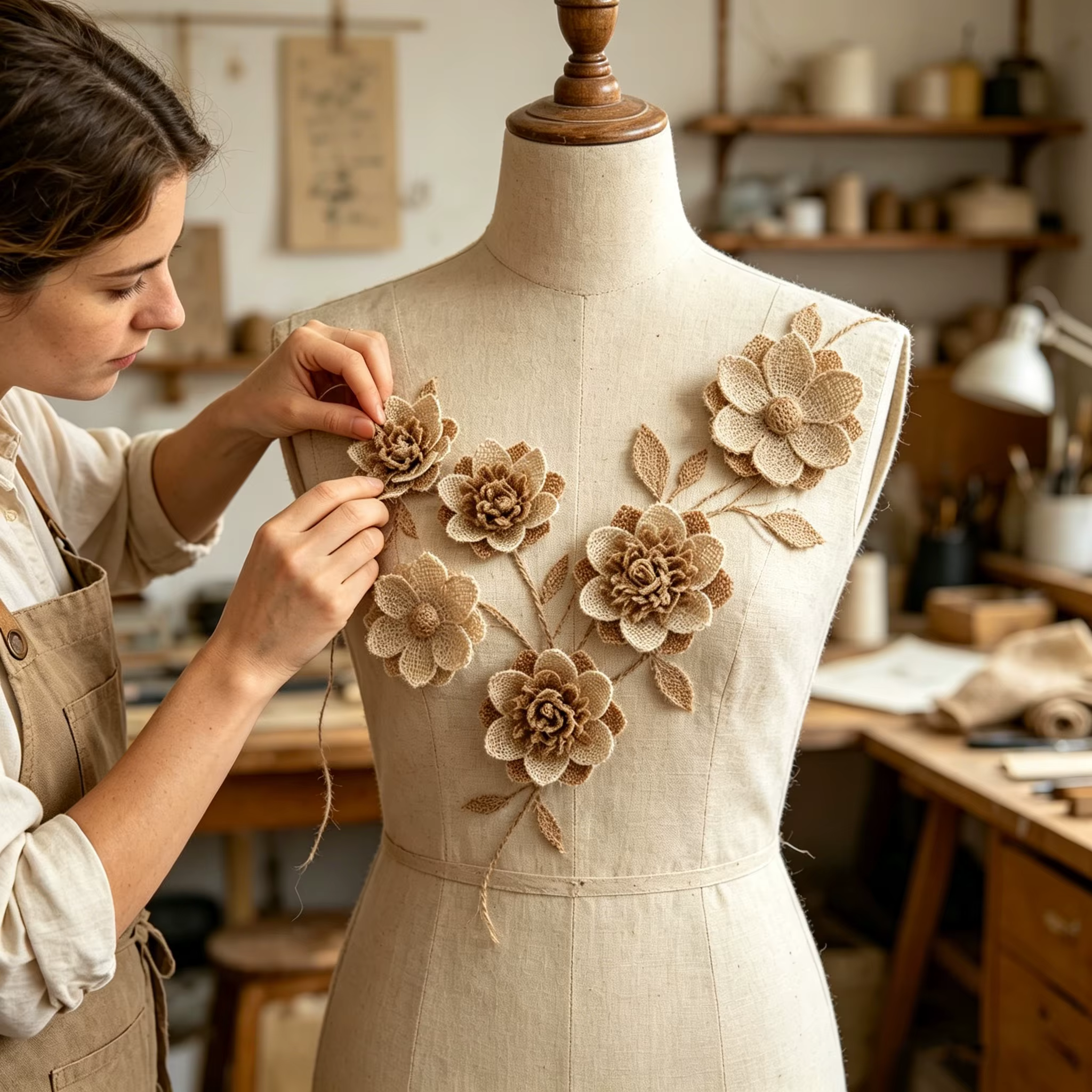 10 pièces de fleurs en toile de jute naturelle, patchs de fleurs en tissu de lin rustique, appliques vintage DIY pour mariage, Noël, décoration intérieure