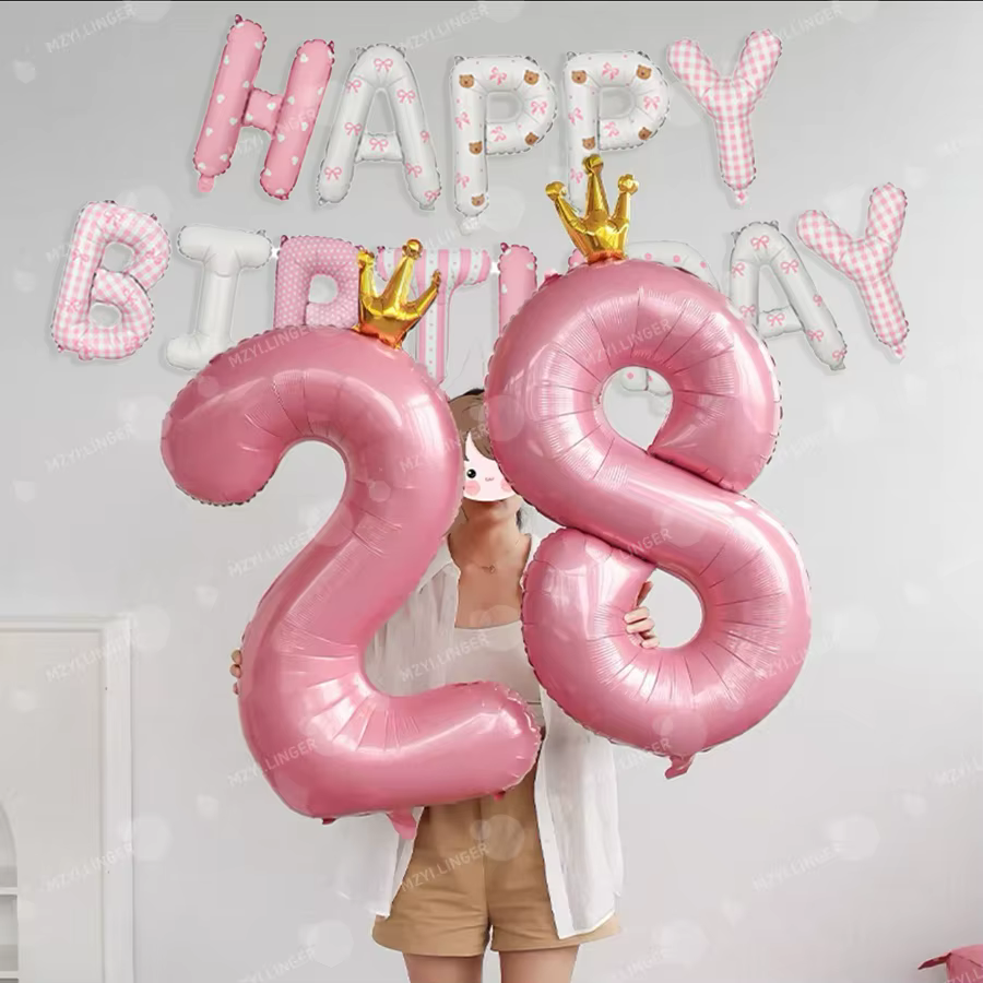 Ensemble de ballons lettres Joyeux Anniversaire roses, ballons imprimés roses, couronne de ballons, ballons numériques 0-9 pour la décoration de fête d'anniversaire
