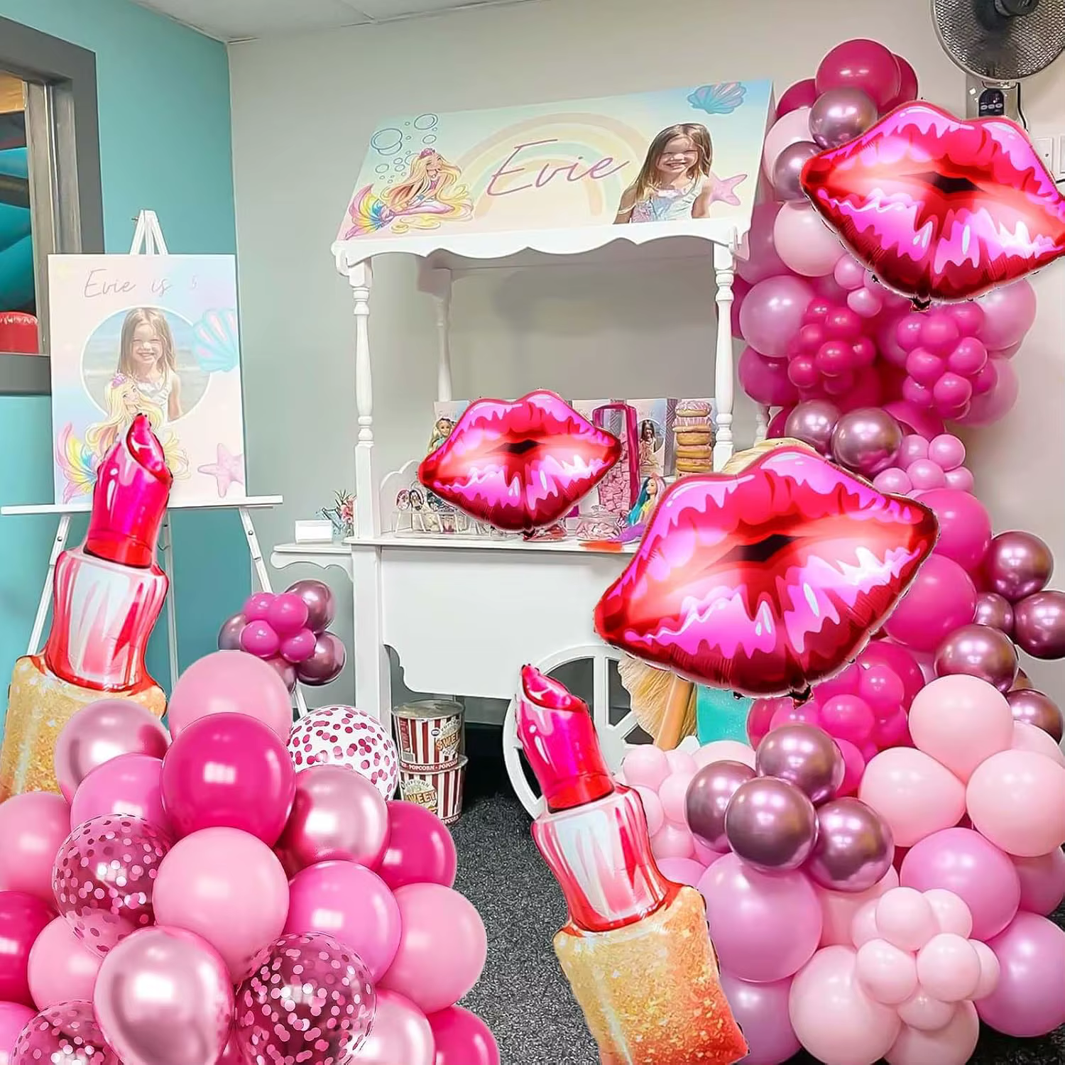 Décorations d’anniversaire roses, décorations d’anniversaire roses, avec ballons à rouge à lèvres et brillant à lèvres, ballons de maquillage pour fêtes de filles
