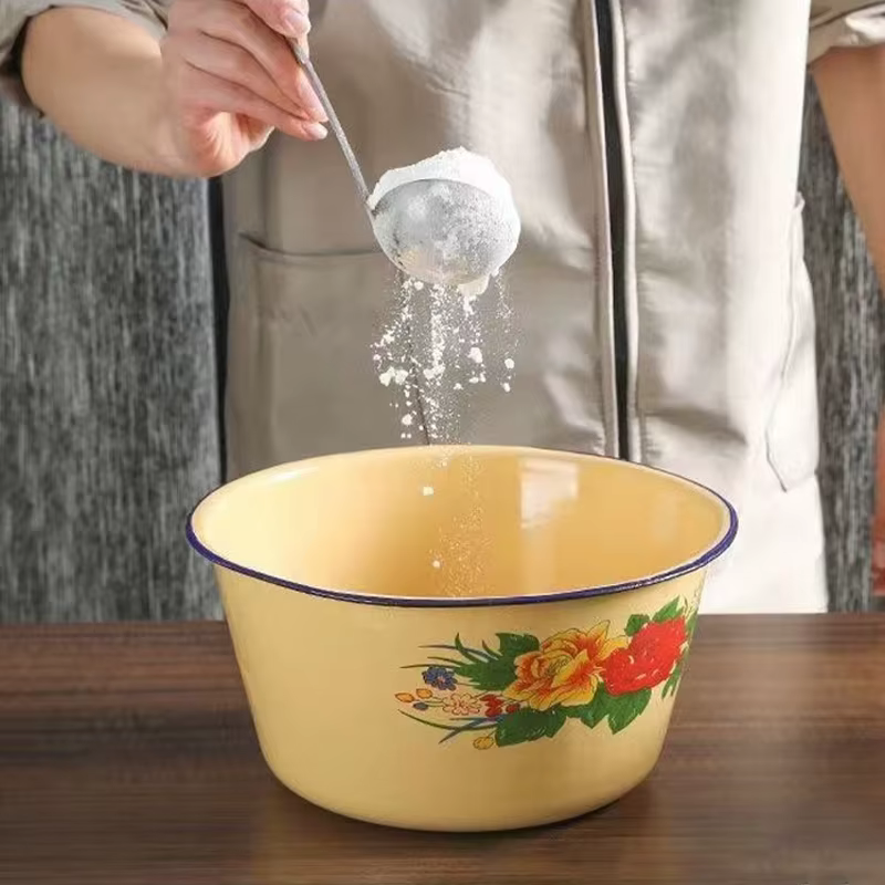 Pot de stockage des aliments, bassin en émail, récipients à gâteaux en émail Vintage classiques, bol avec couvercle, bol de service de soupe asiatique, Pot de saindoux jaune
