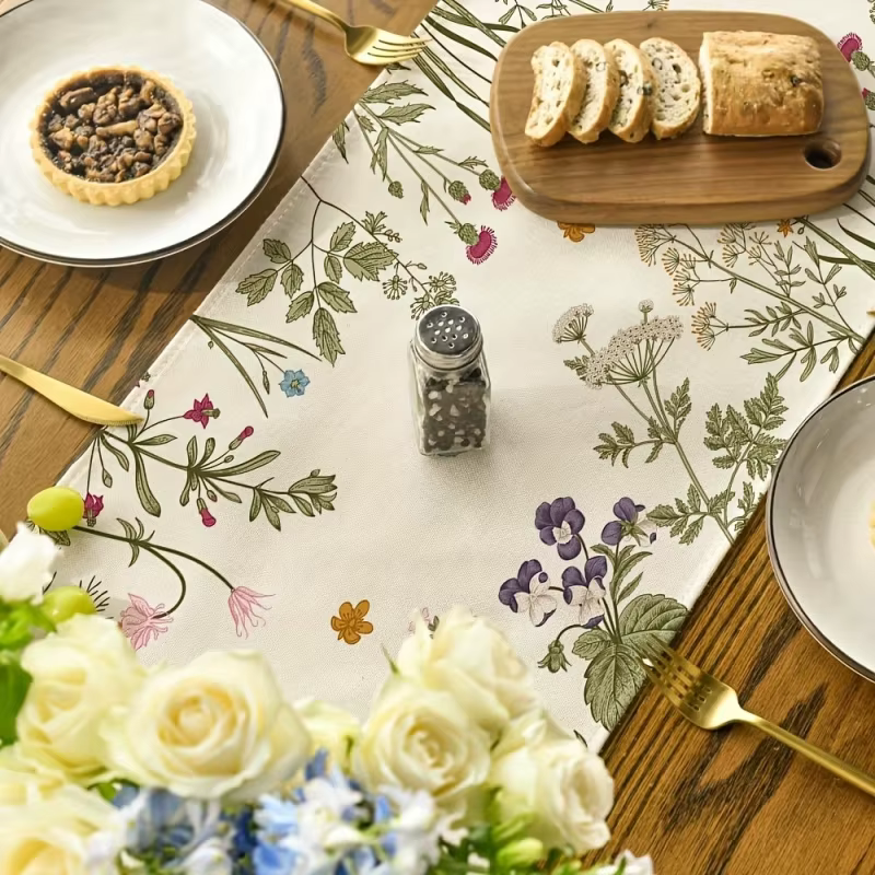 Chemin de table en polyester et lin à motifs de fleurs sauvages