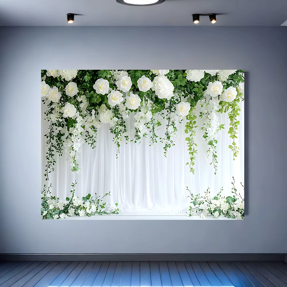 Fond de photographie de plantes vertes élégantes et fleurs blanches – facile à accrocher