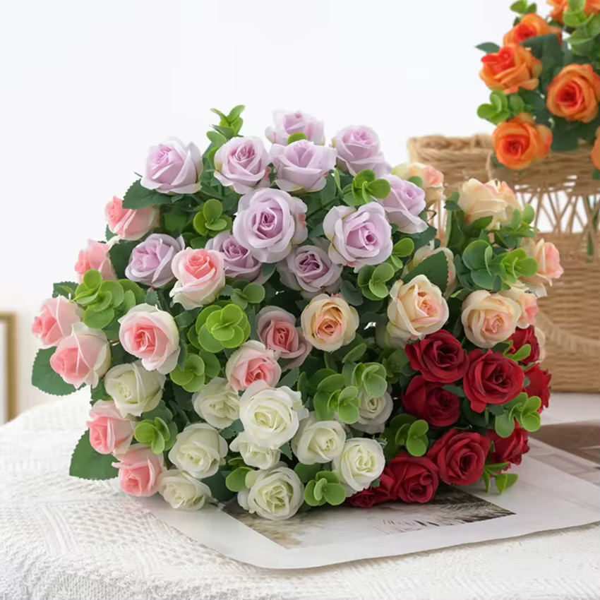 Fleurs artificielles Vase Décoration De La Maison En Plein Air Jardin Festival Eucalyptus Feuilles Fausses Plantes Fête De Mariage Soie Roses Bouquet
