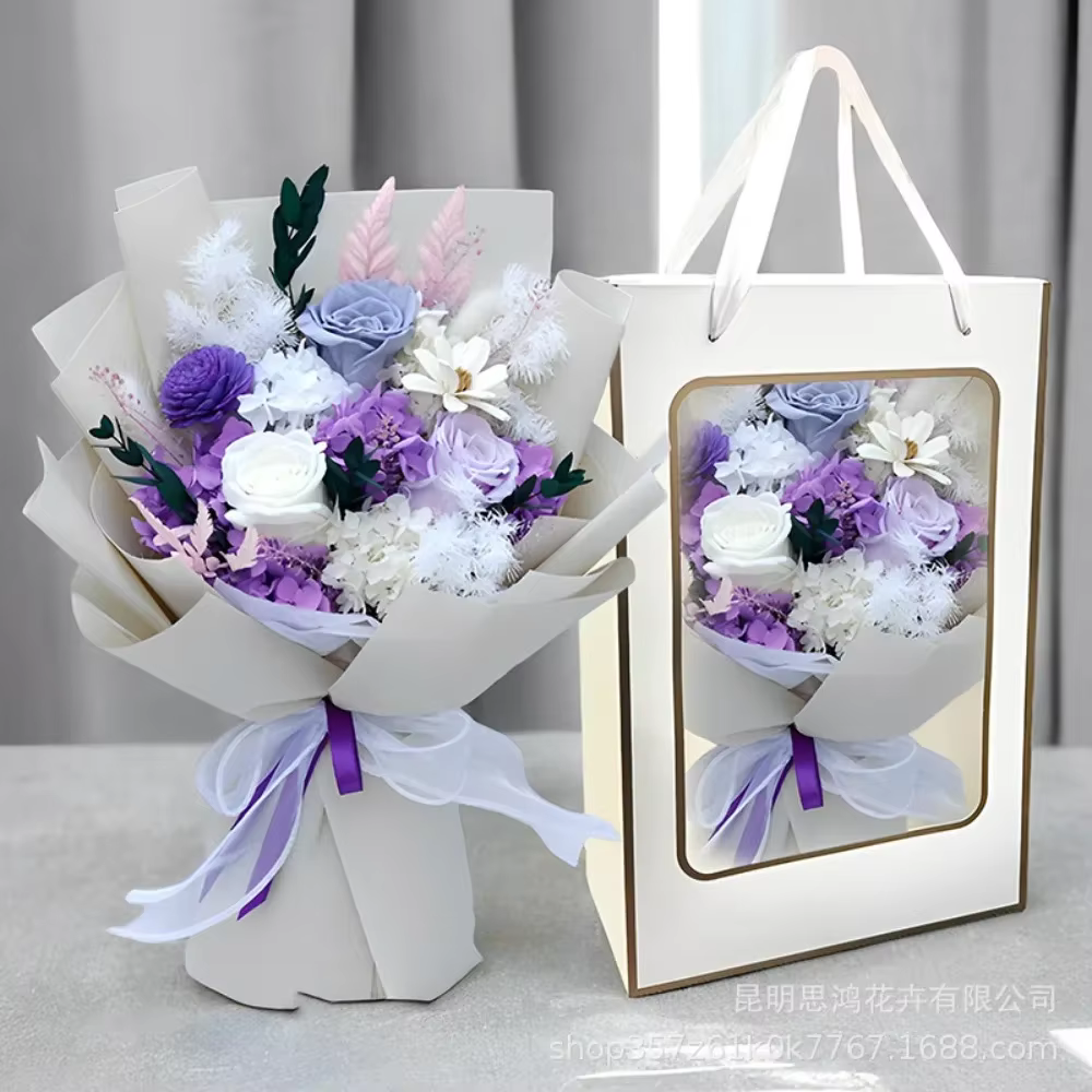 Coffret cadeau romantique en bouquet de roses et d'hortensia conservés – Fleurs éternelles durables faites à la main