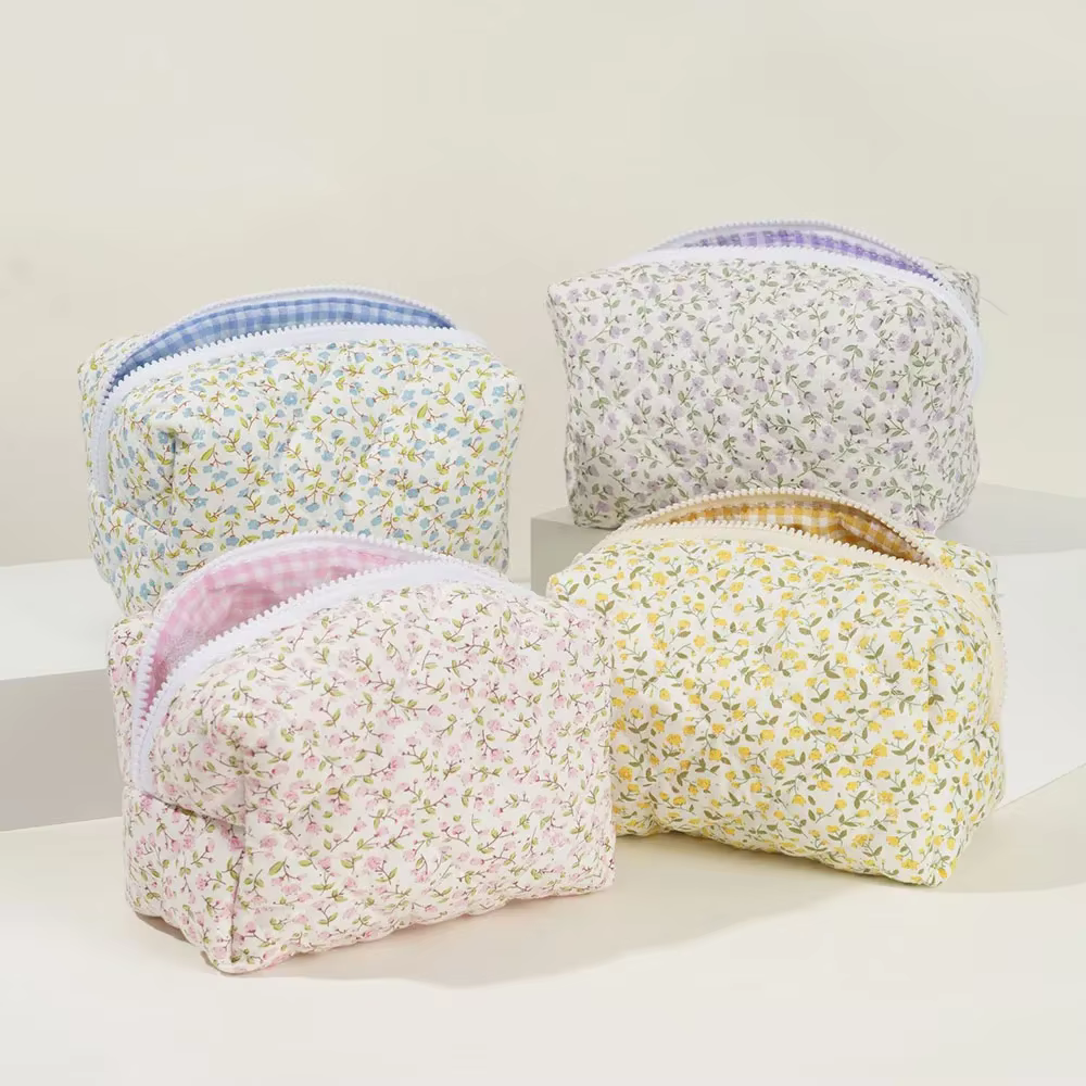 Organisateur de rangement, sac de maquillage matelassé bouffant à fleurs, pochette à cosmétiques imprimée de fleurs, grand sac à cosmétiques de voyage, accessoire de maquillage