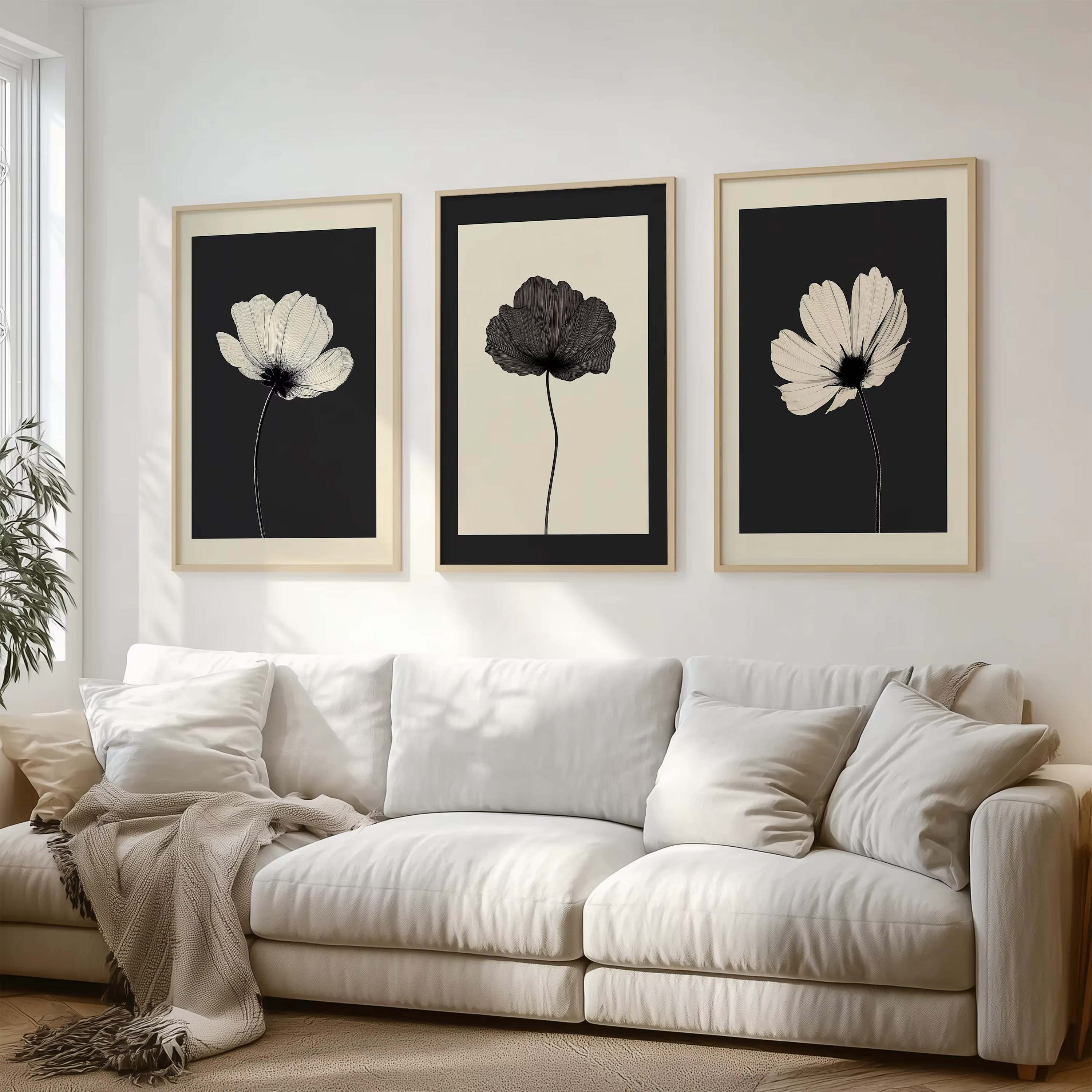 Lot de 3 tableaux muraux floraux noirs et beiges