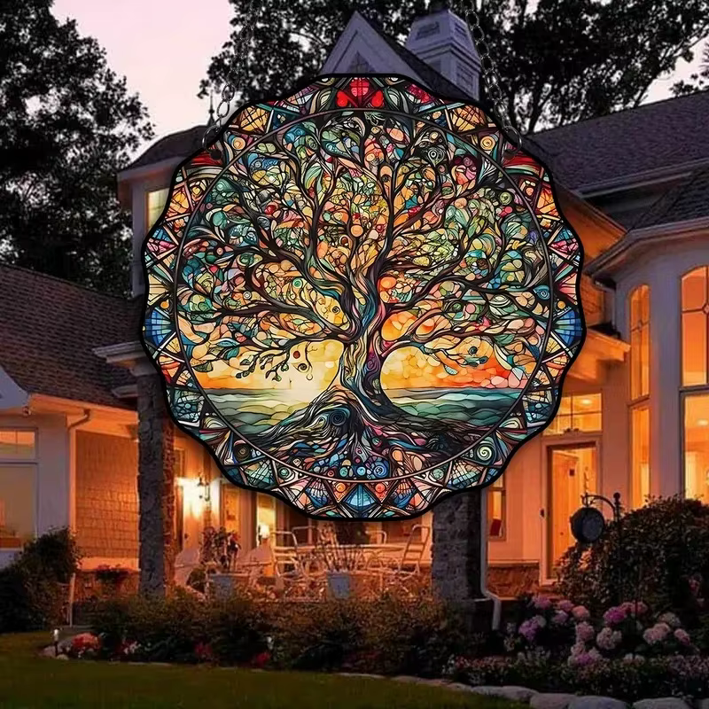 Ornement Arbre de Vie Rond en Acrylique Décoration Murale Universelle Intérieur et Extérieur Plaque Suspendue Lumière