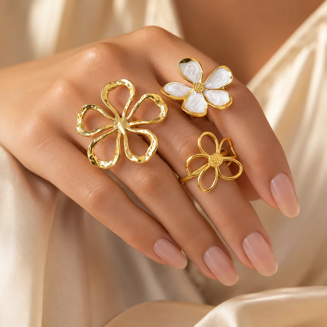 Bagues fleuries, style vintage français, plaqué or 18 carats, grande bague florale ajourée, bijou esthétique ouvert et ajustable pour femme