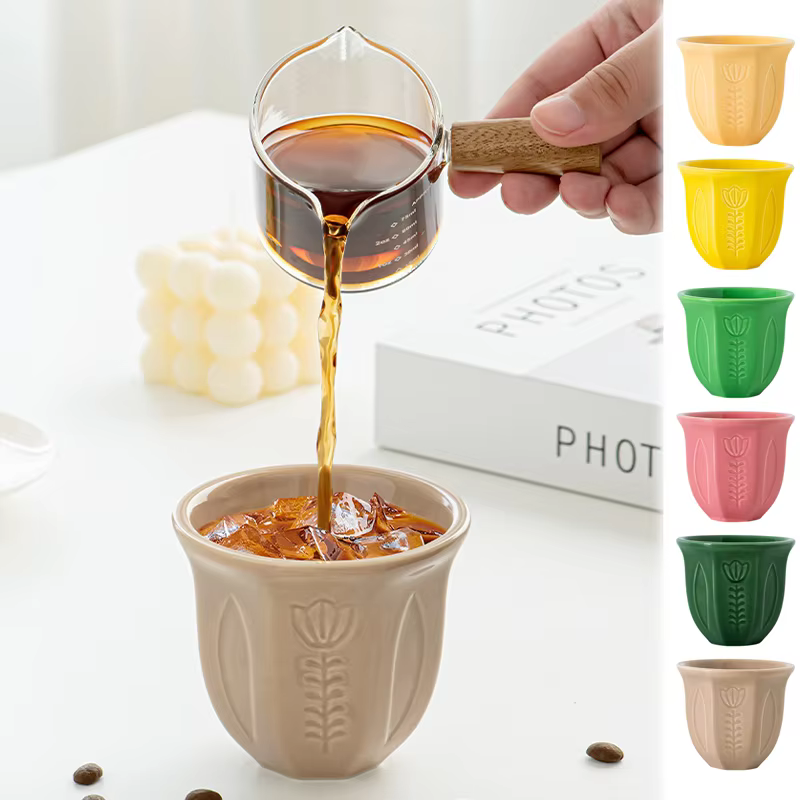 1 pièce Tasse en céramique style arabe à motif tulipe en relief 100/180/250 ml