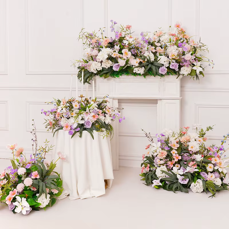 H8742 Lilas rose blanc avec rangée de fleurs vertes plancher de mariage Arrangement Floral maison cheminée décor tenture murale couronne guirlande