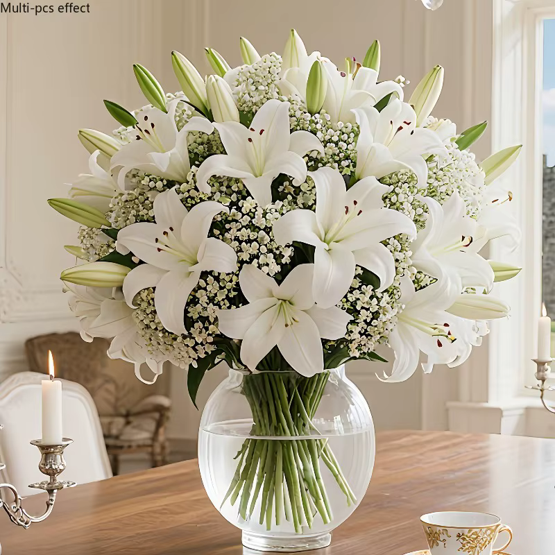 Bouquet de 25 lys artificiels avec gypsophile
