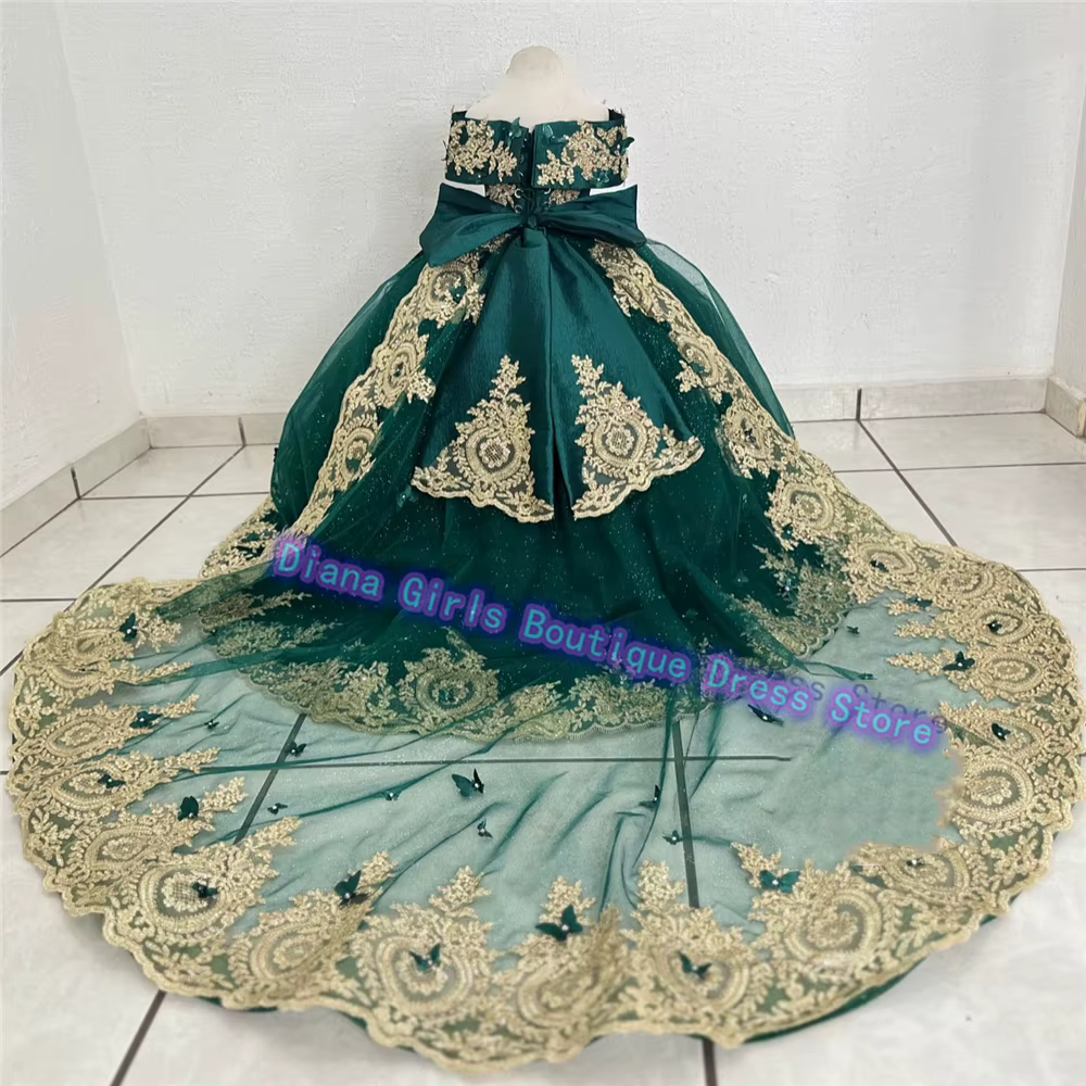 Robe de soirée en tulle moelleux pour petite fille, robe de demoiselle d'honneur verte, appliques dorées, fête d'anniversaire, robe personnalisée, qualité magnifique