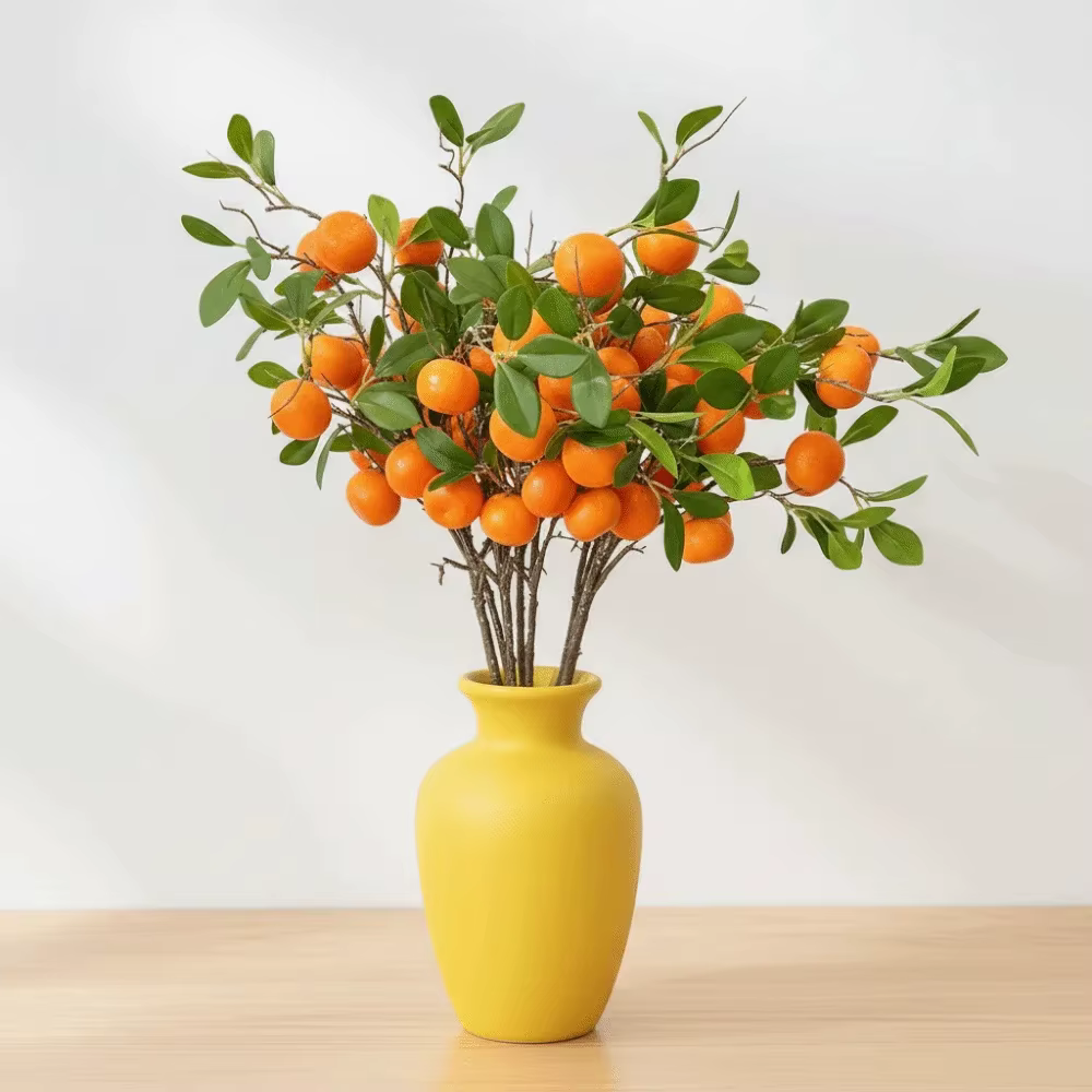 Branche d'orange artificielle avec feuilles vertes réalistes
