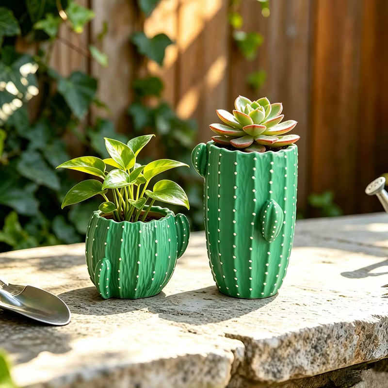 Petit pot de fleurs en résine en forme de cactus vert de dessin animé pour plantes succulentes