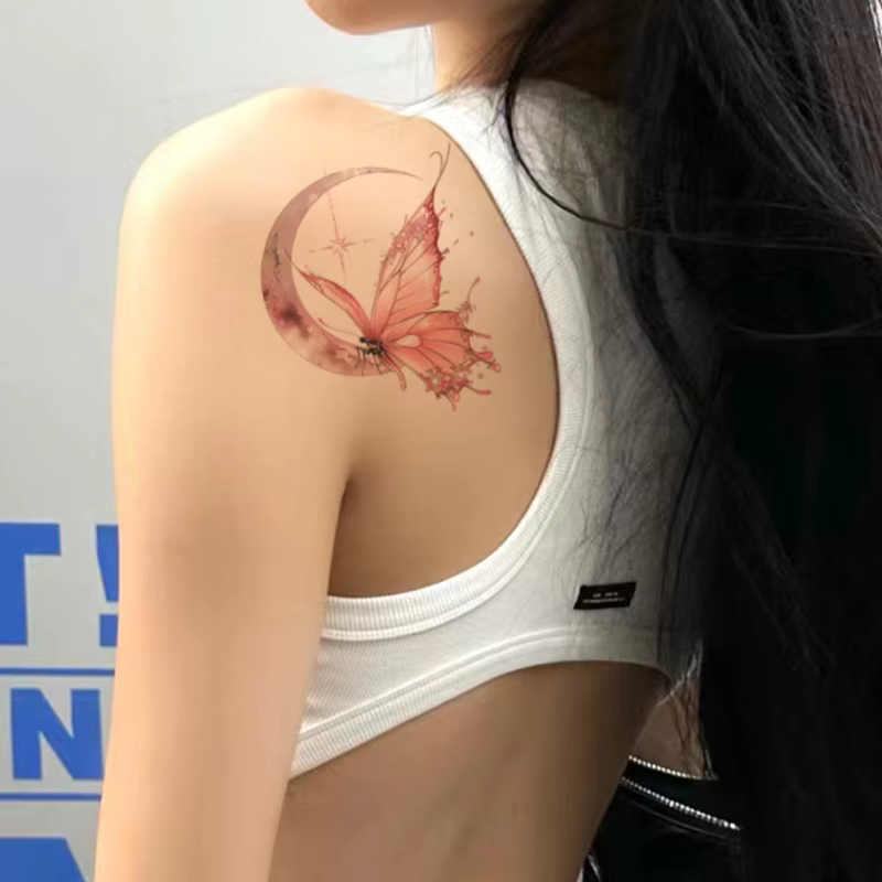 Autocollant de tatouage temporaire imperméable, motif papillon dansant avec la lune, à utiliser sur les épaules et les bras, longue durée, faux tatouage
