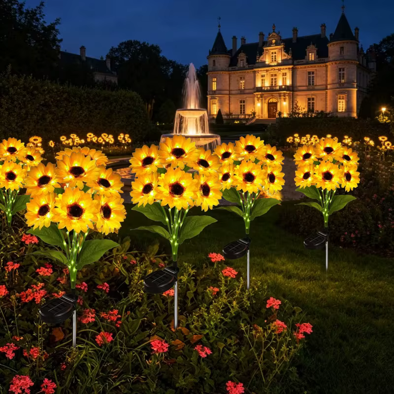 Lampes solaires d'extérieur en forme de tournesol avec tige lumineuse