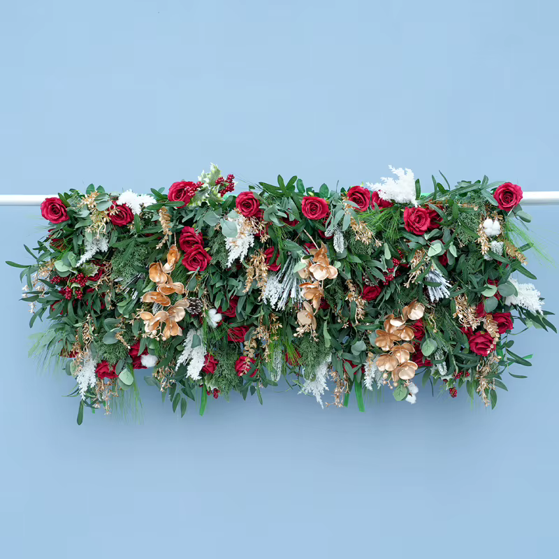 Série de noël Rose rouge vert tissu Base fleur rangée décor mariage toile de fond cadre événement fête scène Arrangement Floral H8777