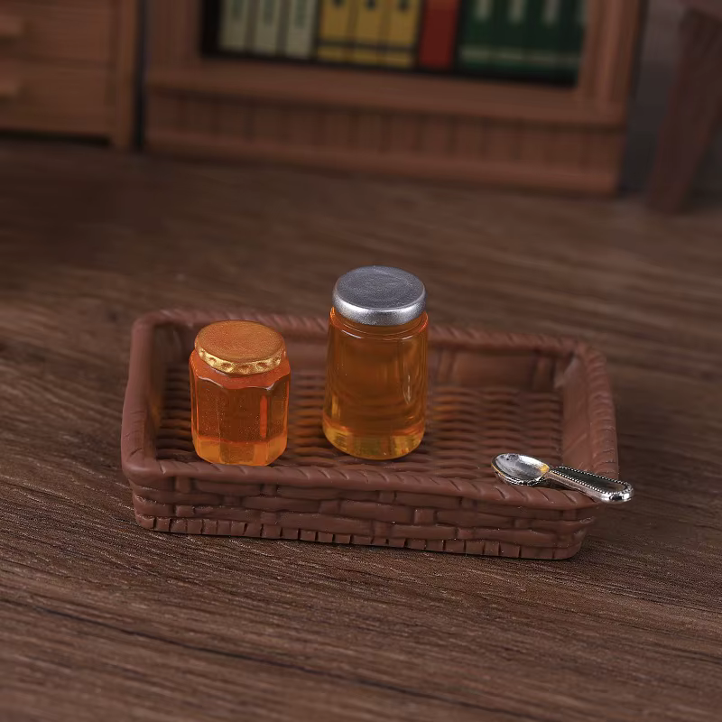 Lot de 5 mini pots de miel en résine, modèle miniature pour maison de poupée, aliments simulés, pendentif DIY, fausse nourriture, accessoires de jeu et de décoration pour poupées
