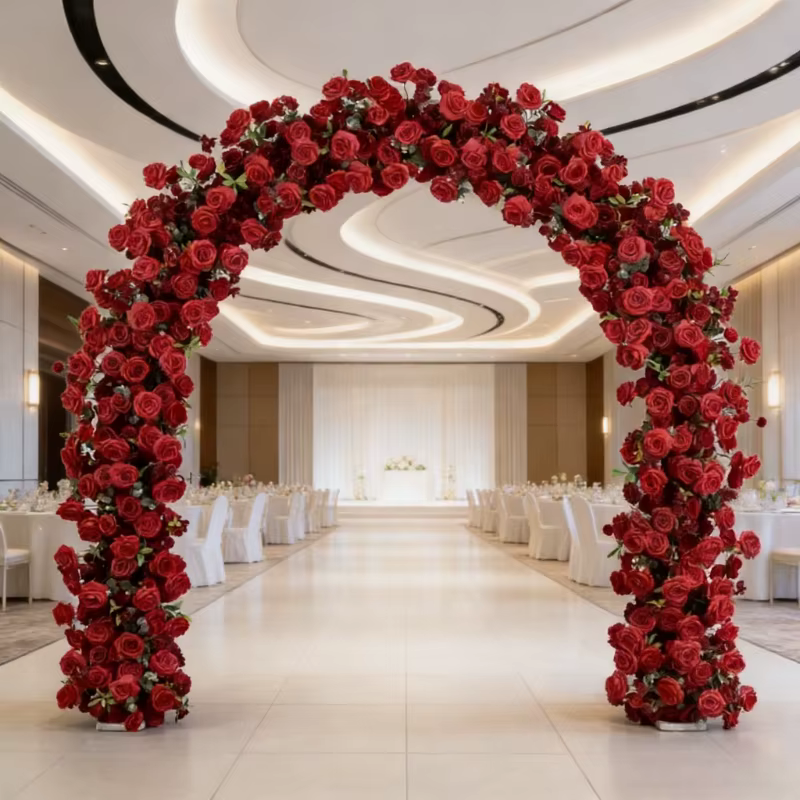 Arches florales en forme de cœur de roses rouges de 240 cm pour décoration de fond de mariage