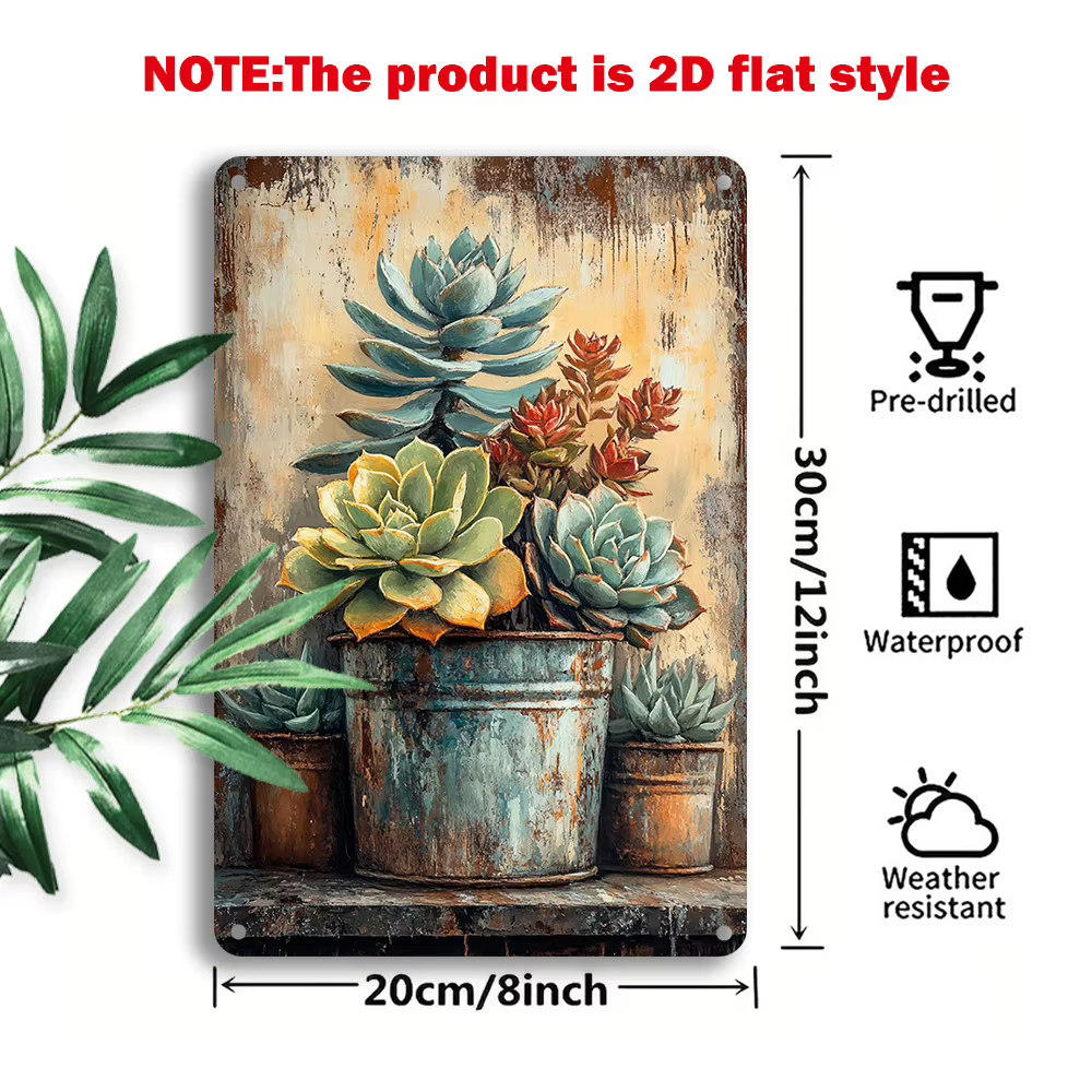 Décoration murale en métal avec motif de plantes succulentes vintage – Plaque botanique rustique en étain pour le bureau