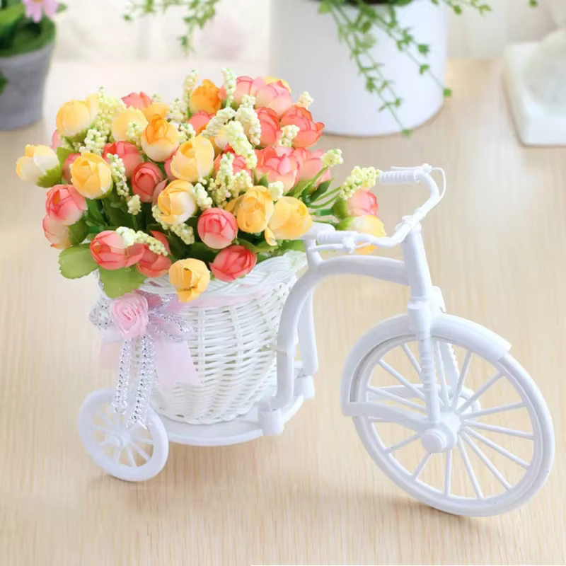 Fleurs artificielles Roses en soie rotin vélo Vase en plastique