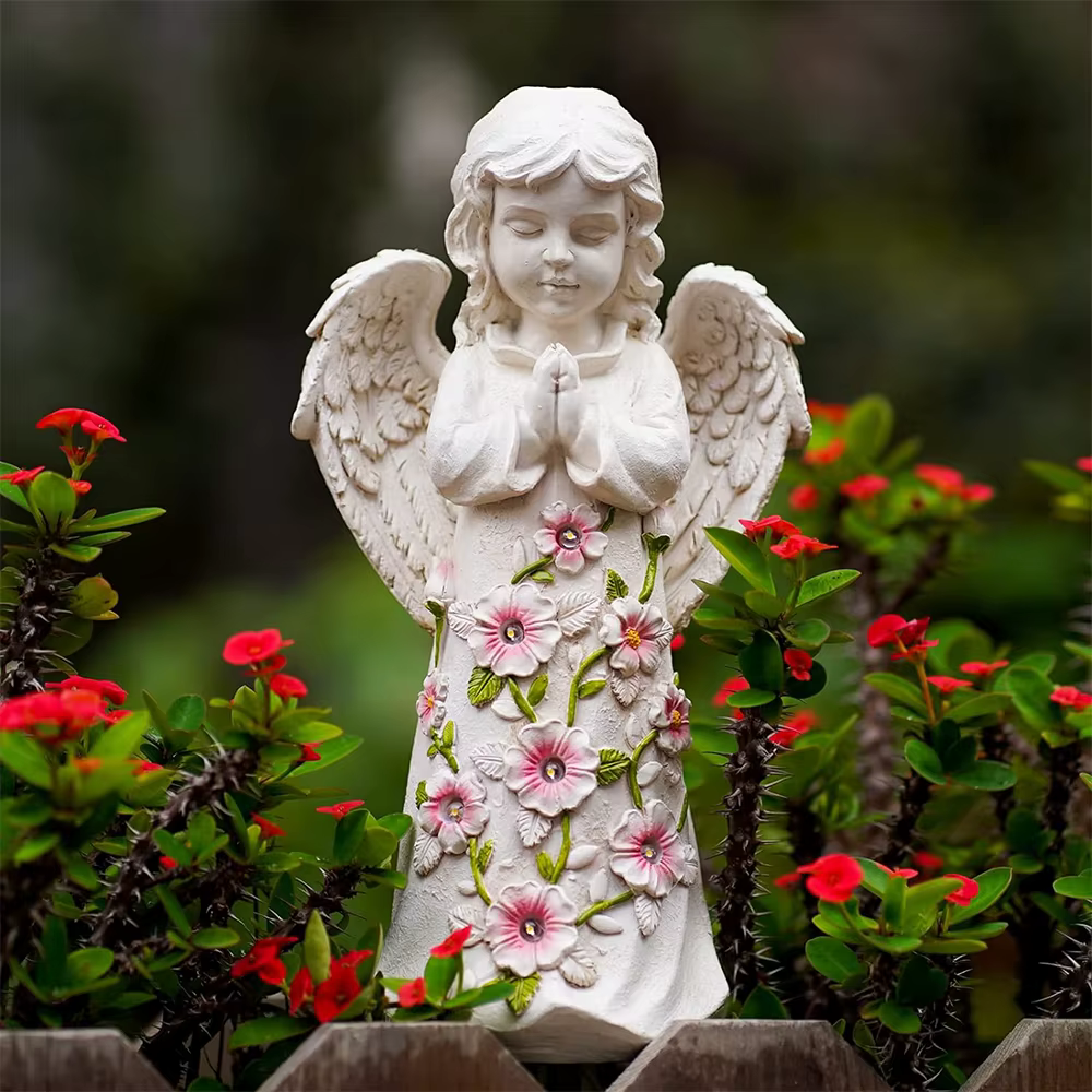 Statues extérieures de jardin solaire ange avec succulente – Figurine