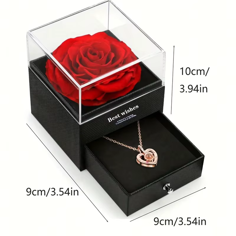 Un ensemble de roses artificielles préservées dans une boîte cadeau