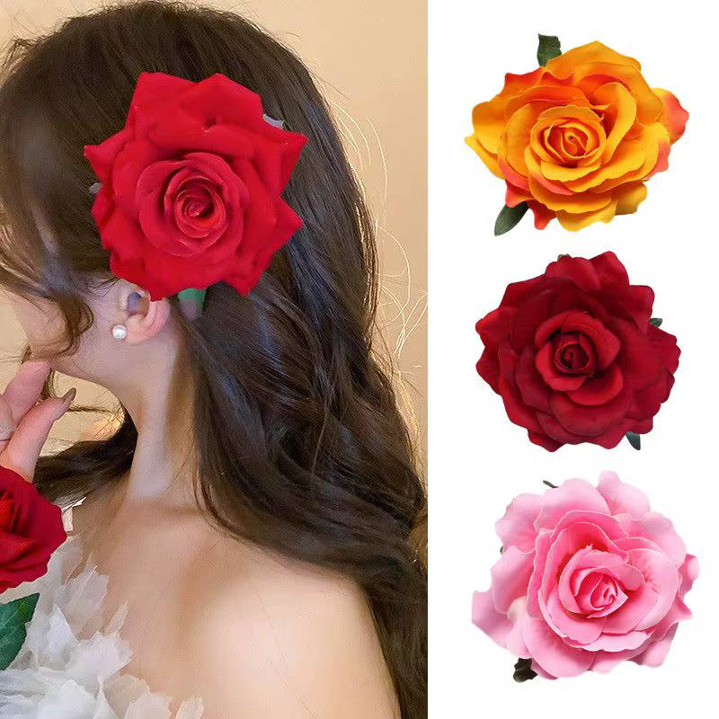 Pinces à cheveux fleur rose pour femmes et filles, cordon floral Él, épingle à cheveux faite à la main, rouge, patients de mariage, accessoires pour cheveux