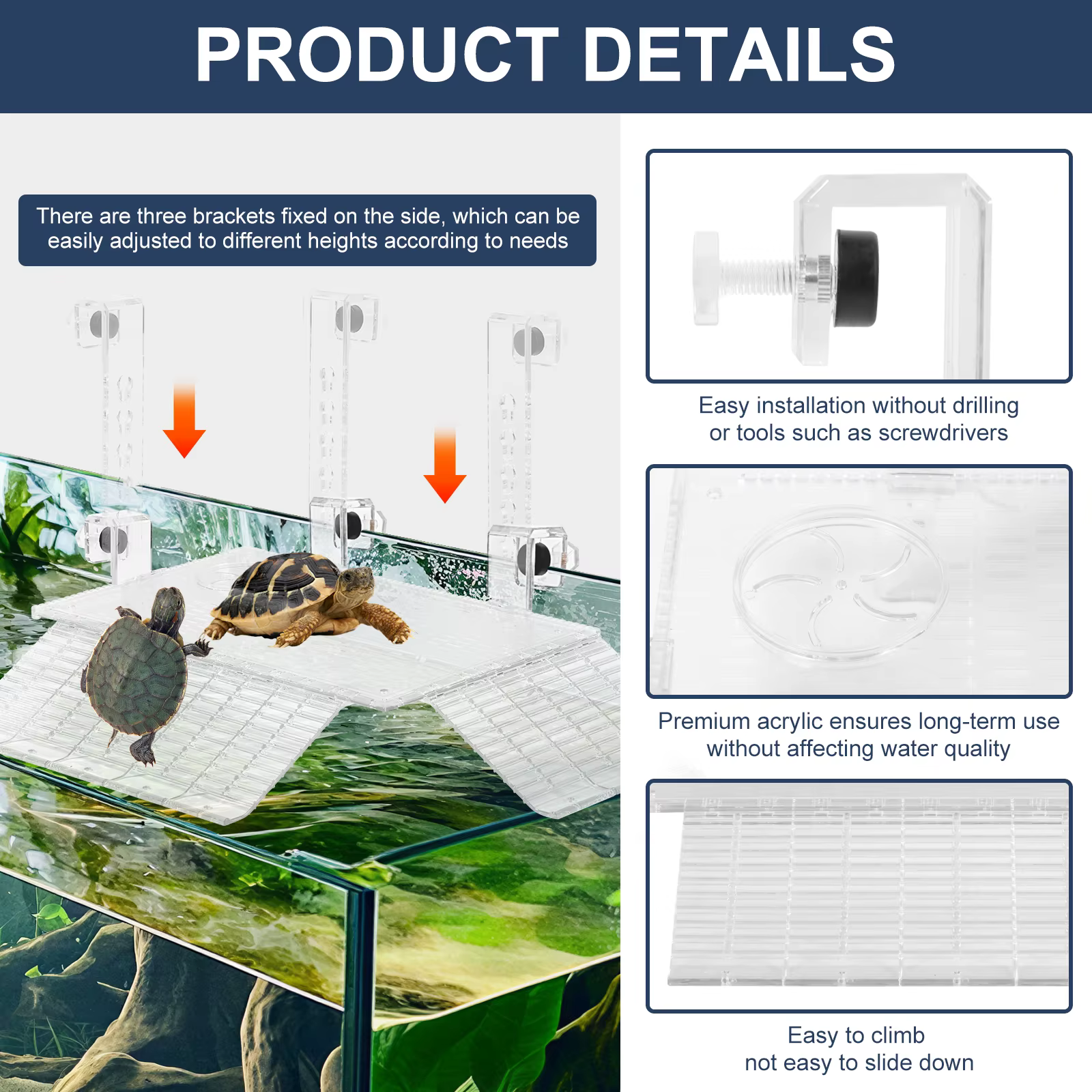 Plateforme pour tortue réglable en hauteur, plateforme de bain de soleil transparente en acrylique avec zone d'alimentation, accessoire pour aquarium de tortue et de poisson