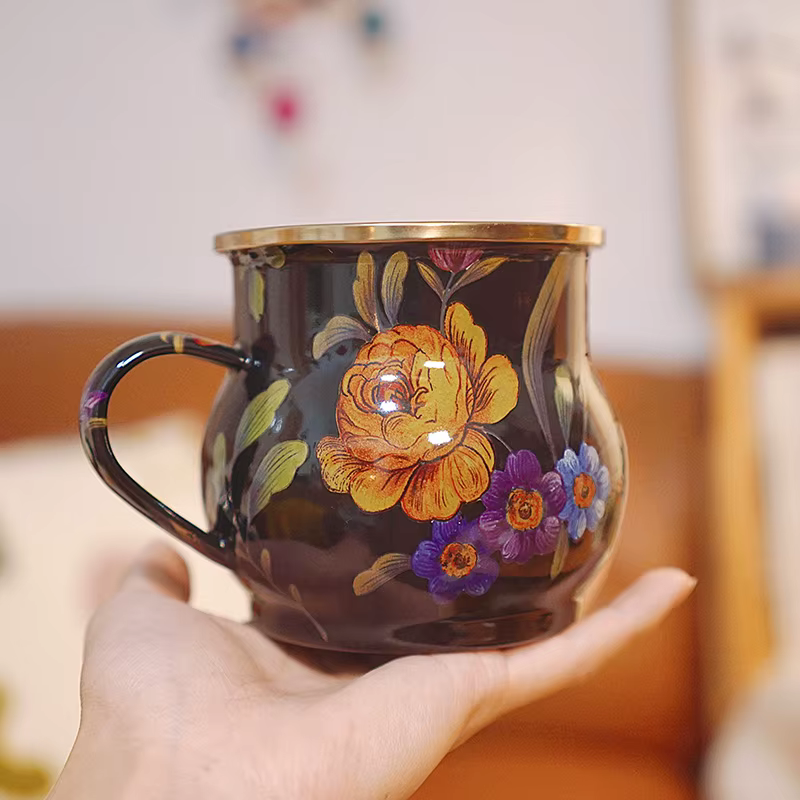 Tasse à eau en émail français rétro, tasse à fleurs en émail, tasse à café peinte, tasse à thé, Vase de 550ML, décoration de la maison, cadeau artisanal
