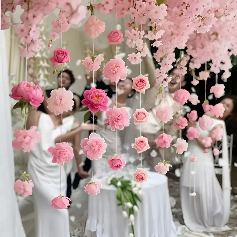100 fleurs artificielles roses - Décorations suspendues de style bohème pour rideaux