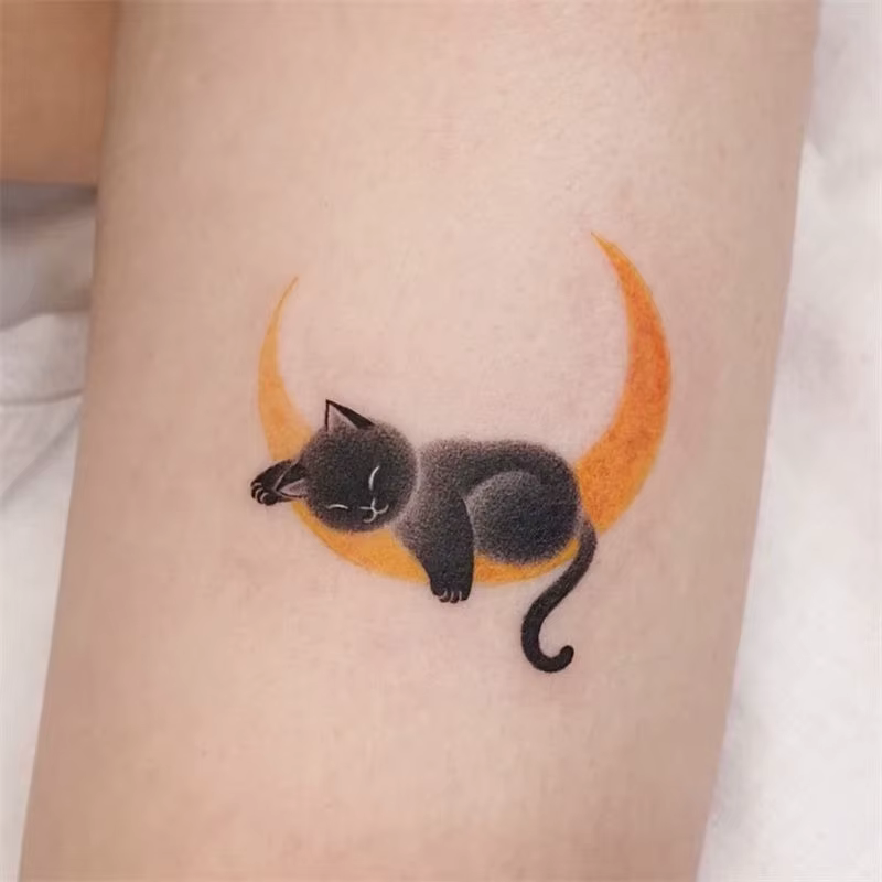 Tatouages Temporaires de Chat Noir et Fleur pour Homme et Femme, Autocollants Imperméables, Art Durable, Mignon, Faux, Bras, Dessin Animé, Chaton