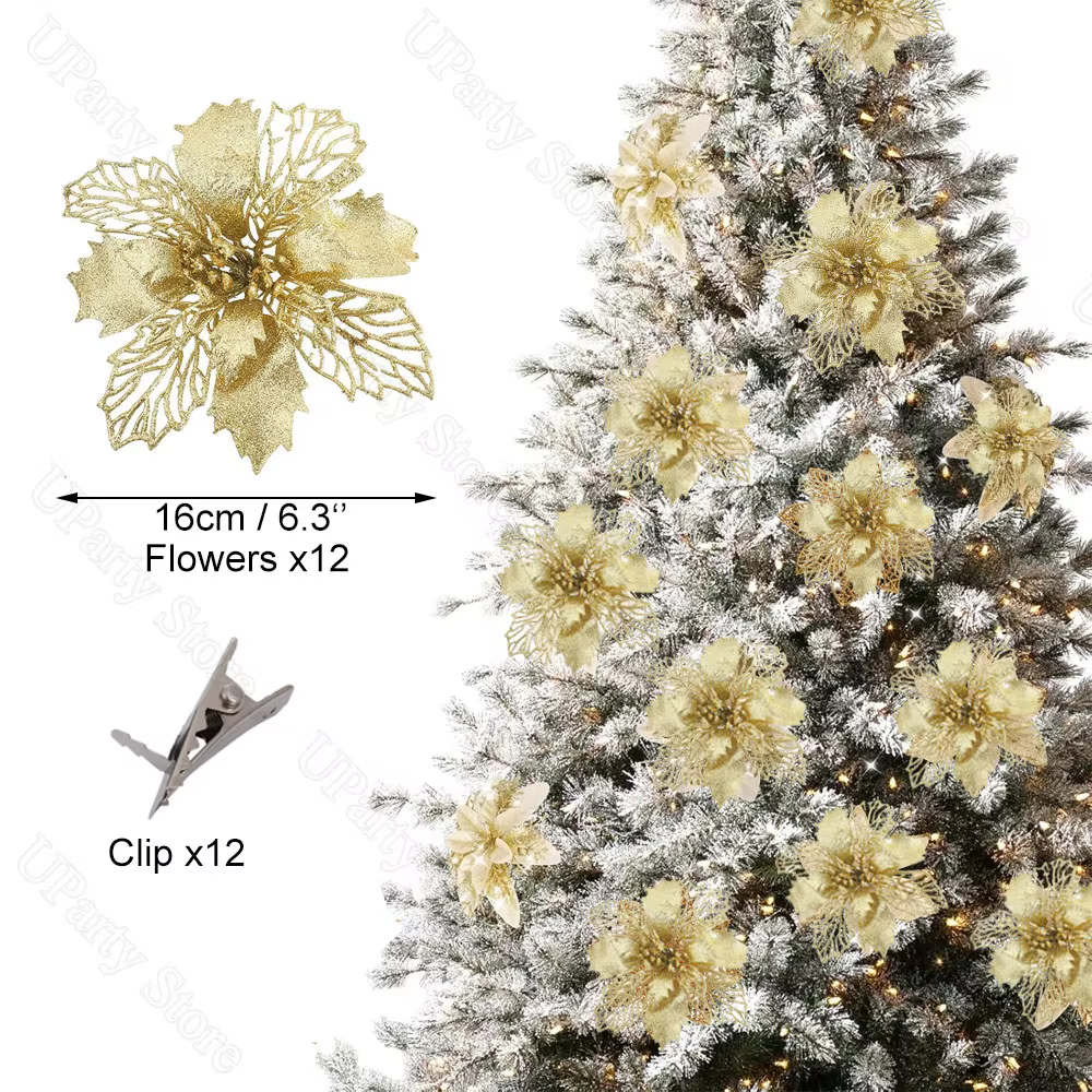 12 pièces Poinsettia fleurs de noël avec Clips paillettes or