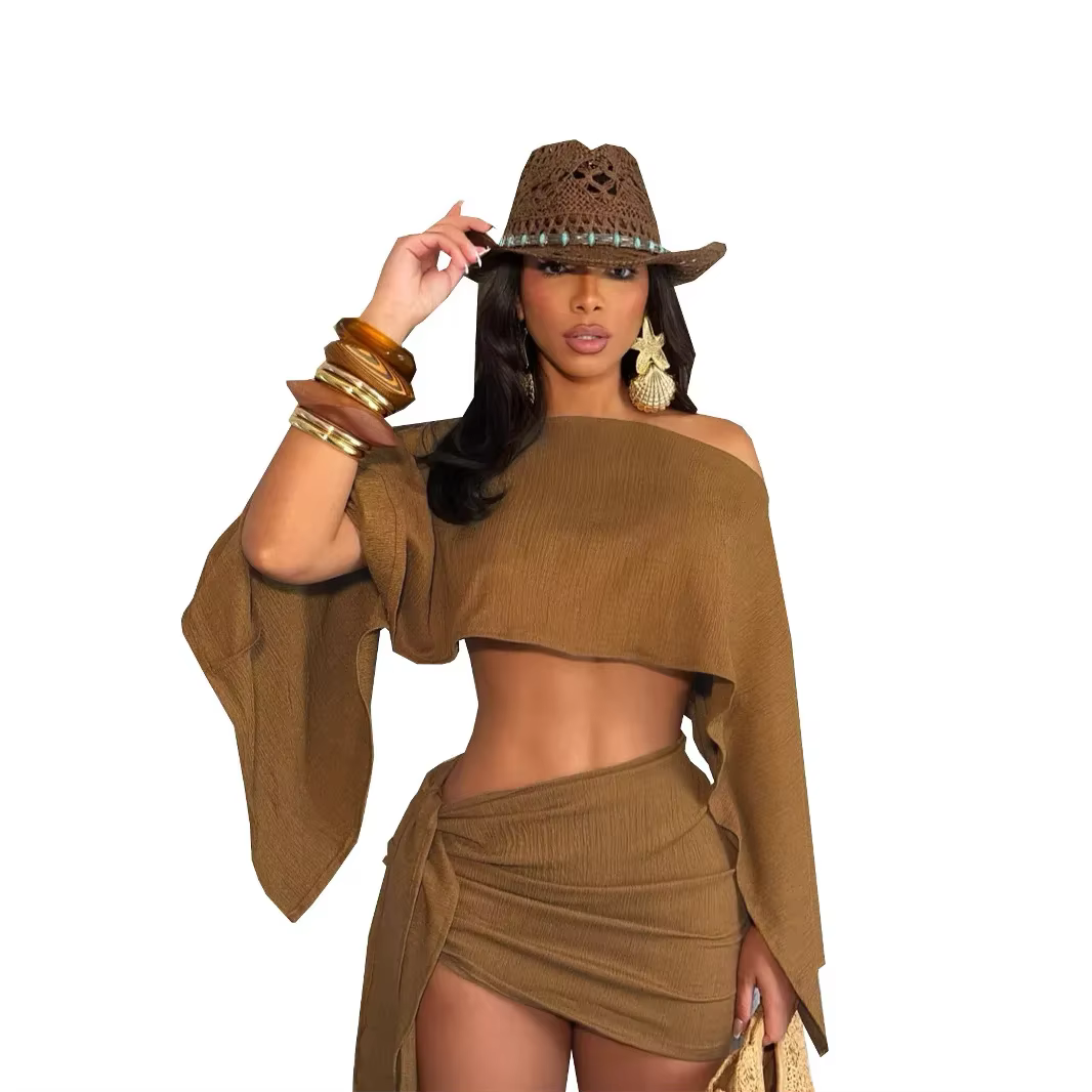 Ensemble haut et jupe courte pour femme, respirant, à col asymétrique et épaules dénudées, style portefeuille mi-cuisse, idéal pour les vacances d'été à la plage
