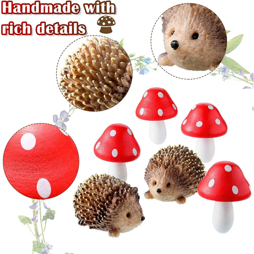 Accessoires de jardin en résine hérisson et champignon en bois
