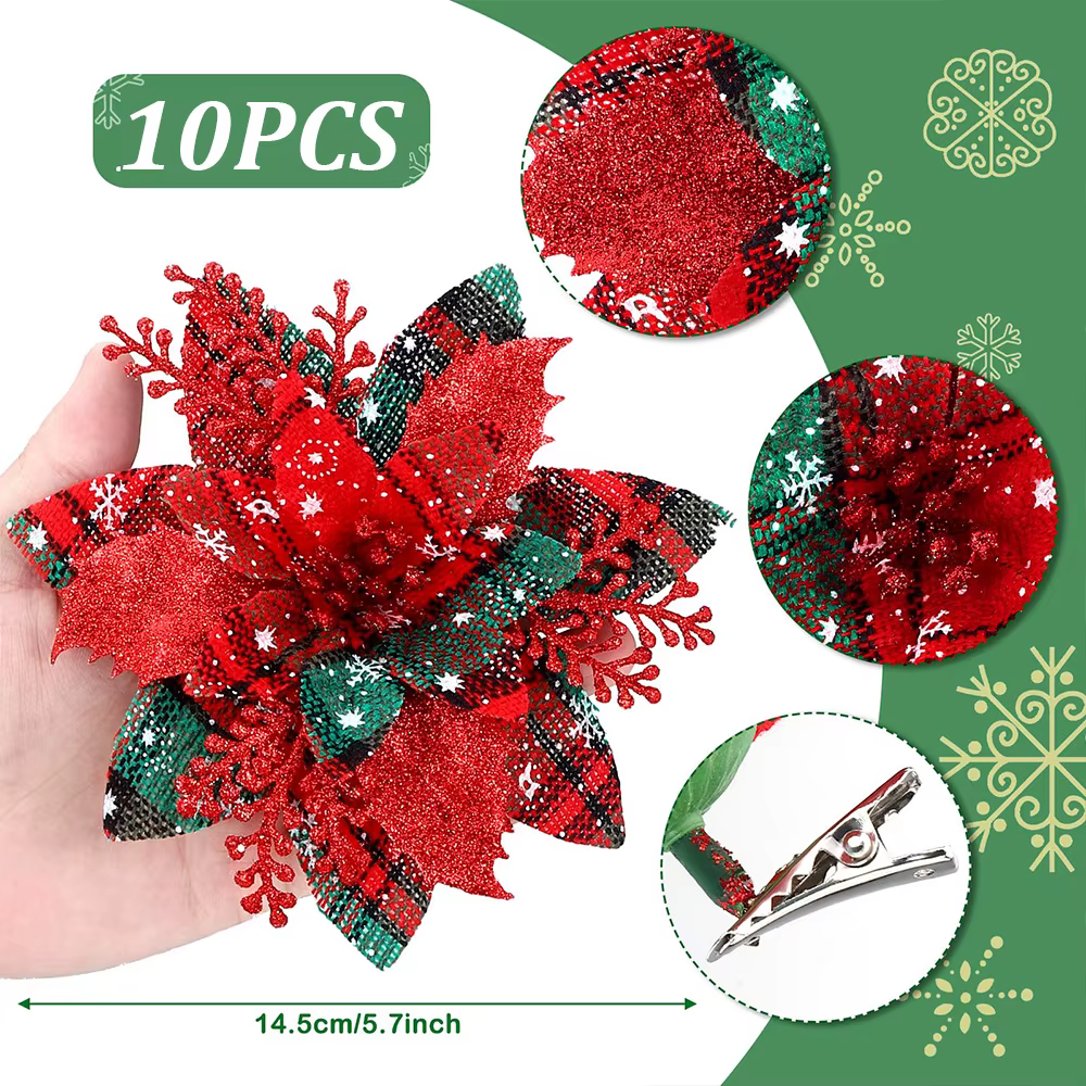 Poinsettias artificielles à paillettes de noël