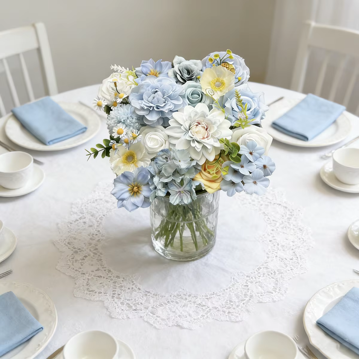 Boîte de fleurs artificielles bleu océan avec tiges pour bouquets de mariage DIY